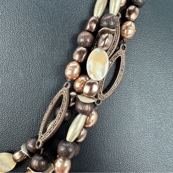 Coldwater Creek Layered Beaded Necklace Brown and Mother of Pearl Adjustable - Picture 3 of 11